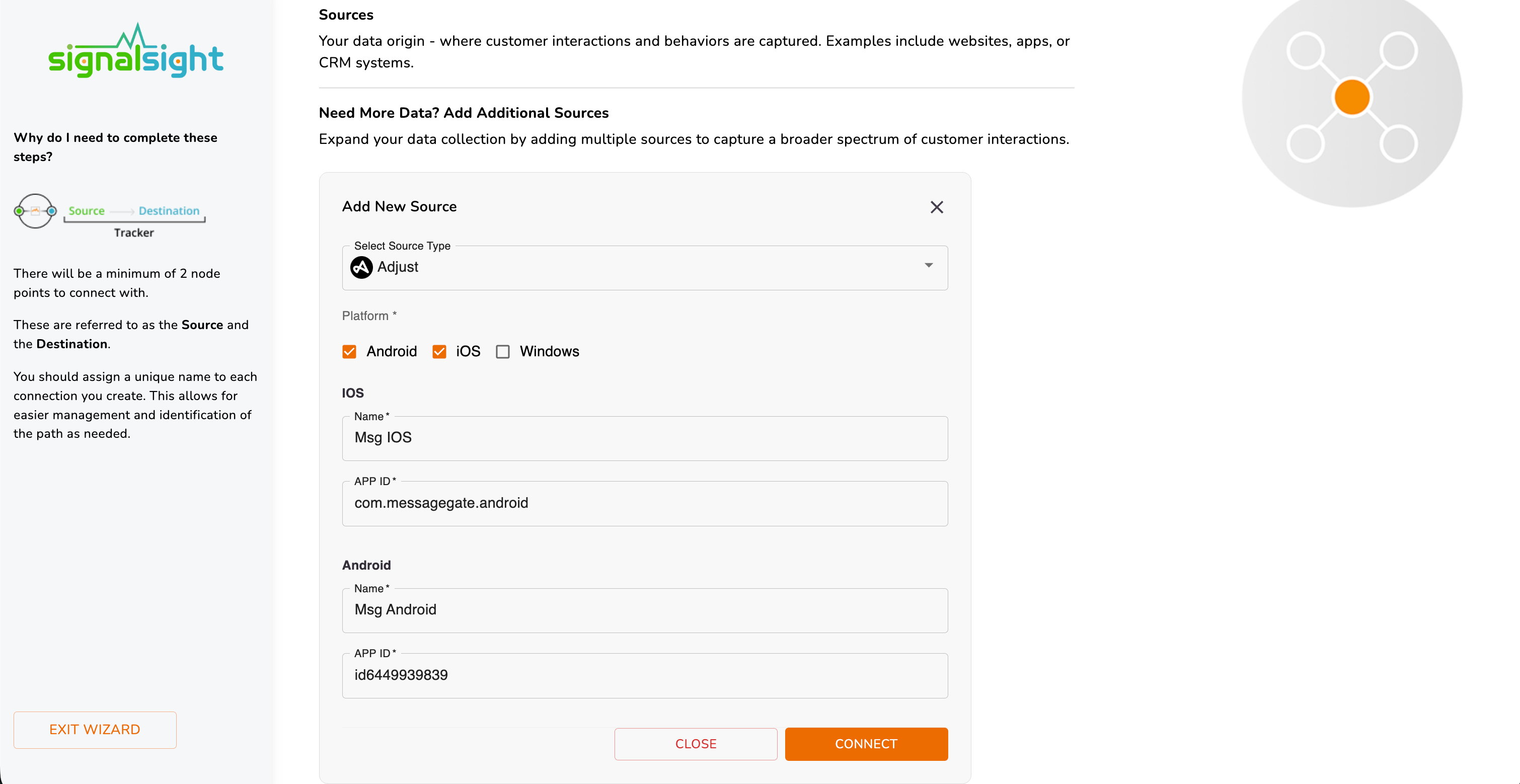 Adjust source setup — platform selection with Marketplace ID fields for iOS and Android