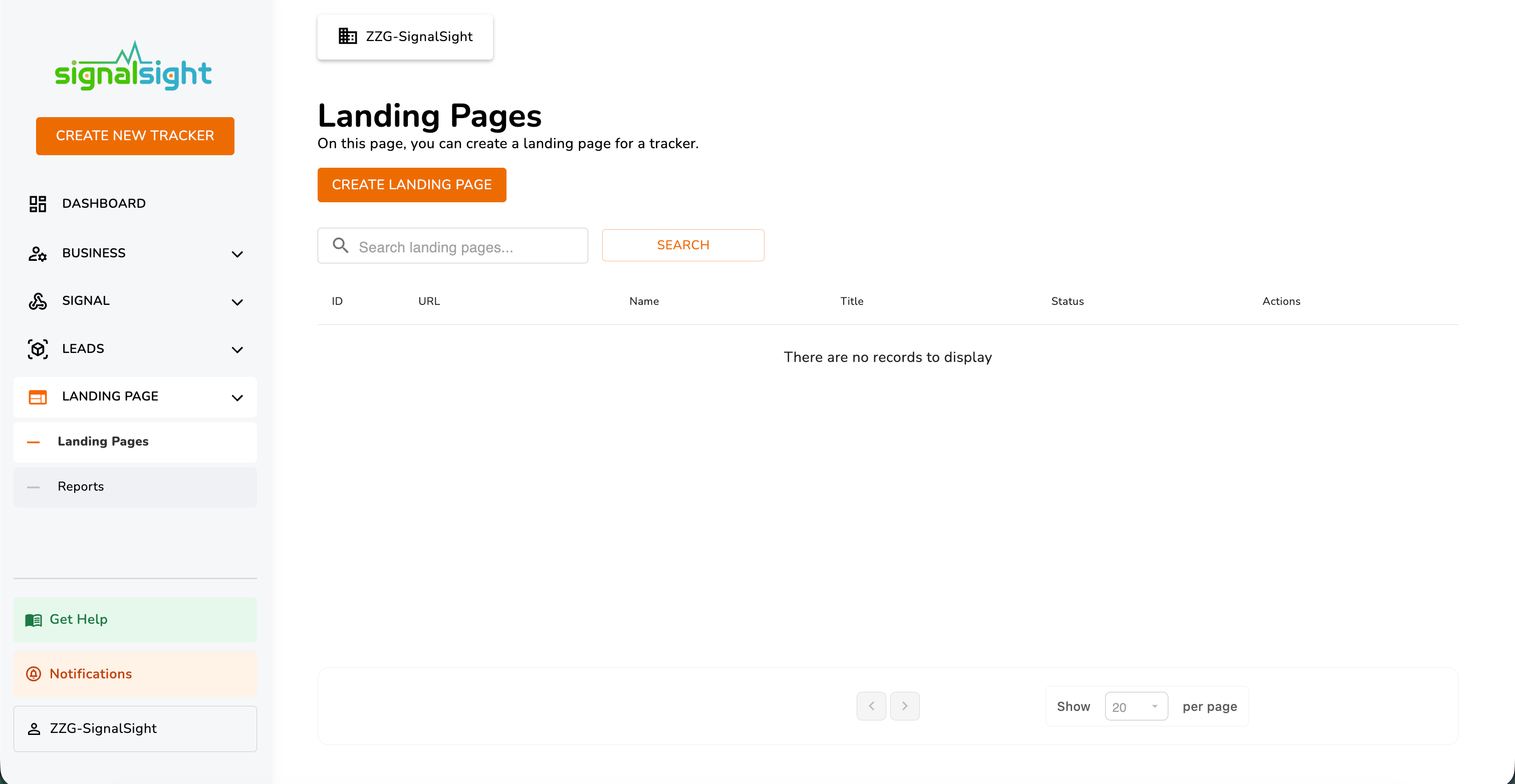 Landing Pages dashboard with Create Landing Page button