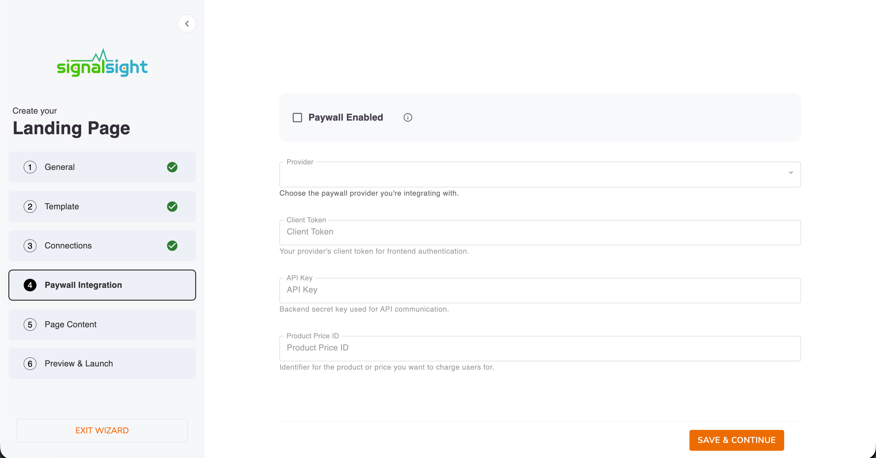 Landing page wizard — Paywall Integration step
