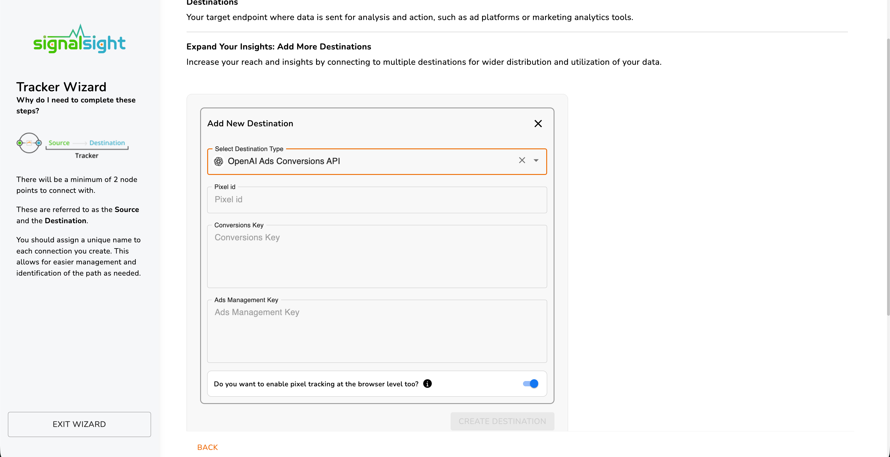 Add New Destination — OpenAI Ads Conversions API with Pixel ID, Conversions Key, and Ads Management Key