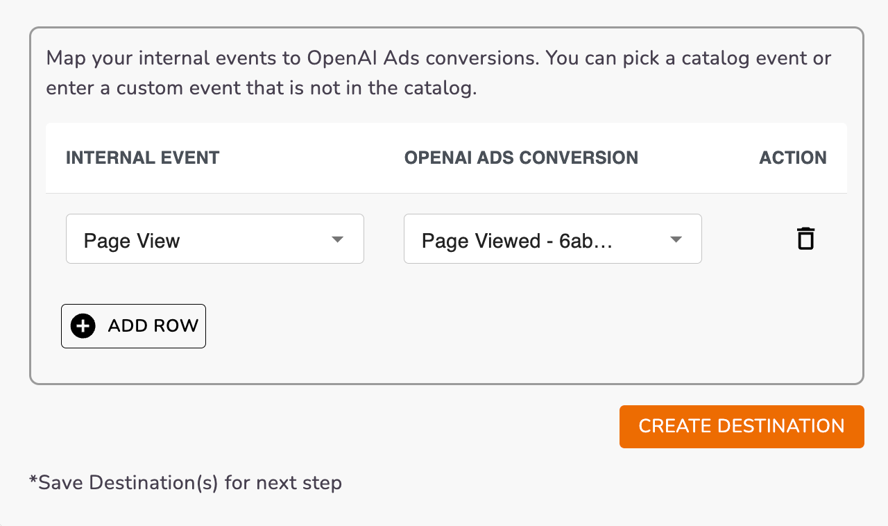 Event mapping — internal Page View mapped to an OpenAI Ads Page Viewed conversion