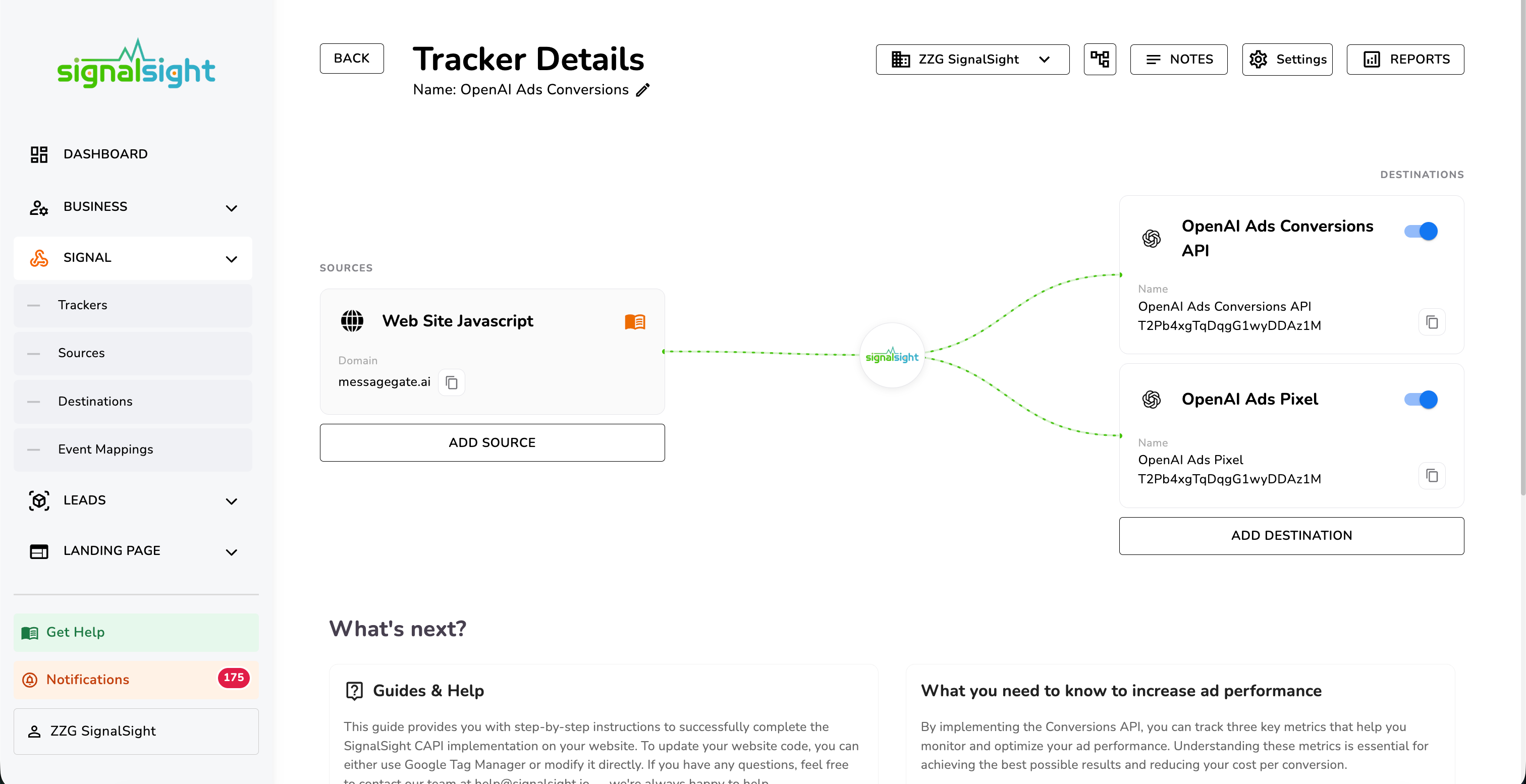 Tracker detail page connecting a website source to OpenAI Ads Conversions API and OpenAI Ads Pixel