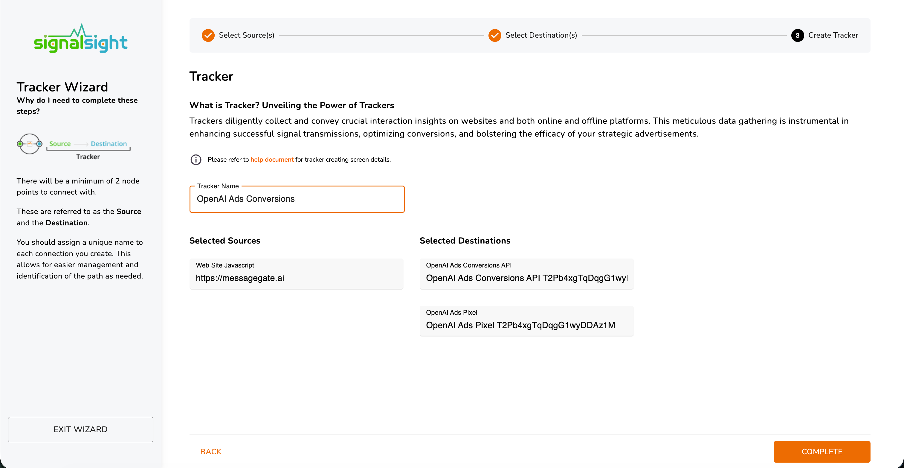 Tracker wizard summary with OpenAI Ads Conversions API and OpenAI Ads Pixel destinations