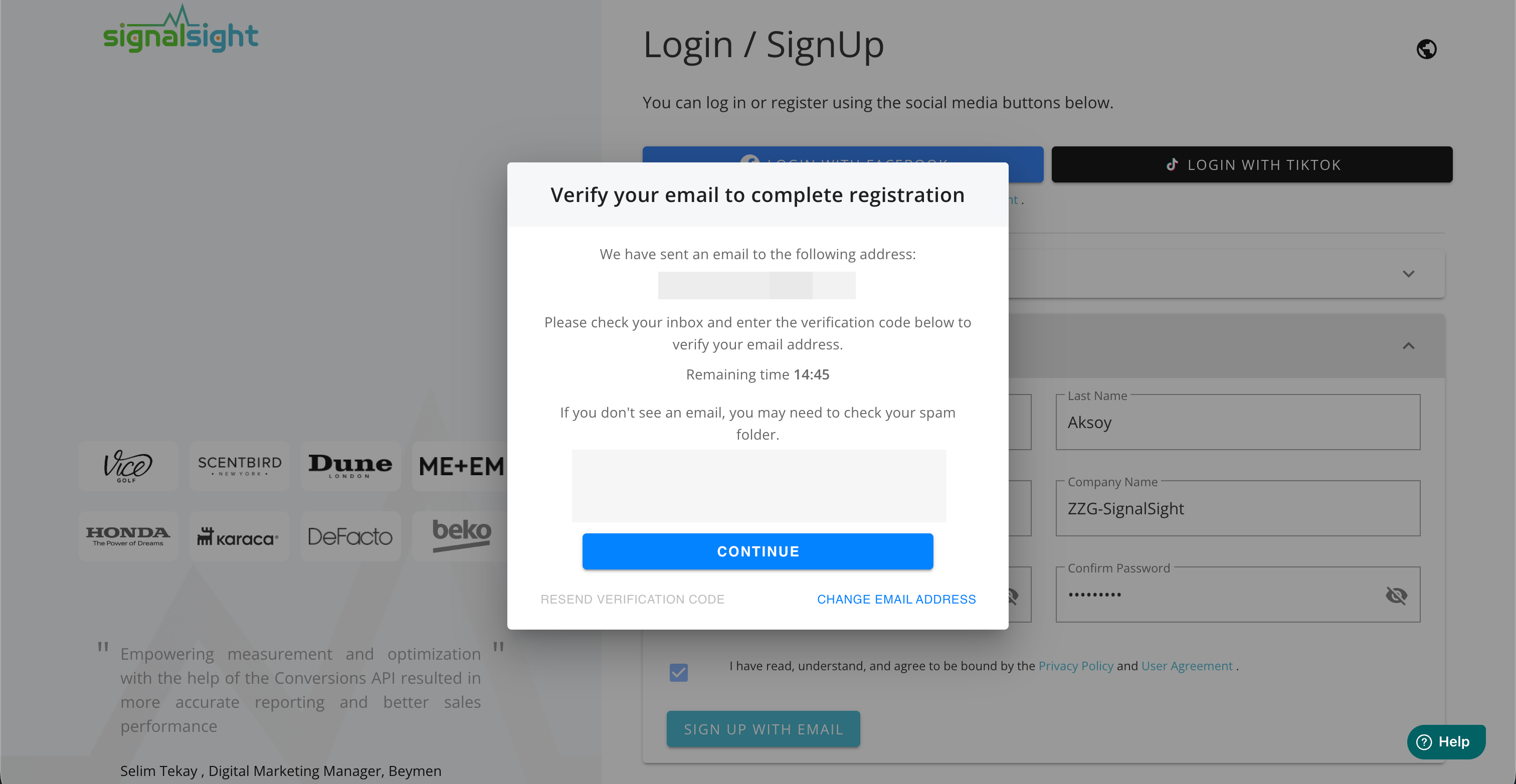 SignalSight registration form