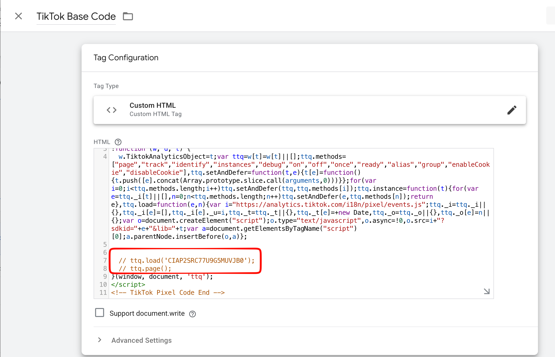 Commenting out ttq.load and ttq.page in TikTok Base Code